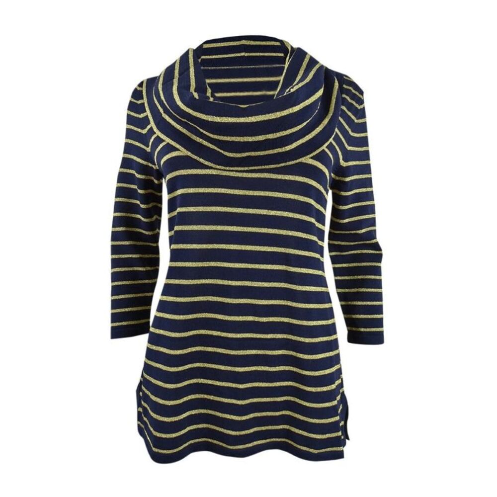Sutton Studio Womens Gold Stripe Cowl-neck Tunic Blouse Misses (S, Navy/Gold)